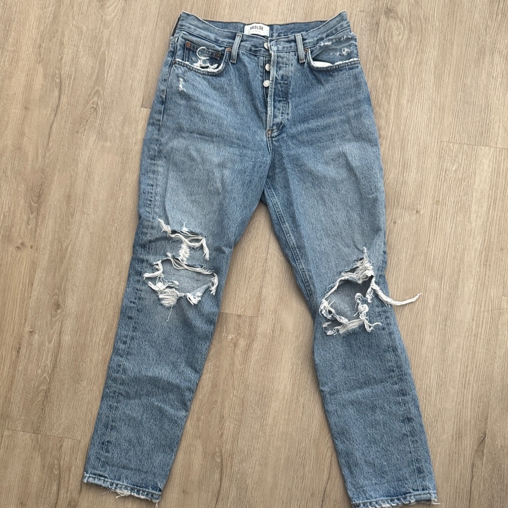 Agolde Blue Straight Leg Jeans with Distressed Details